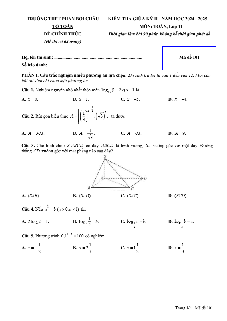 Đề thi Giữa kì 2 Toán 11 trường THPT Phan Bội Châu (Bình Thuận) năm 2024-2025