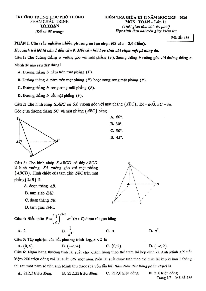 Đề thi Giữa kì 2 Toán 11 trường THPT Phan Châu Trinh (Đà Nẵng) năm 2025-2026