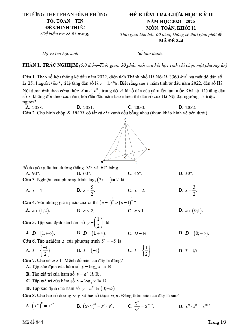 Đề thi Giữa kì 2 Toán 11 trường THPT Phan Đình Phùng (Hà Nội) năm 2024-2025