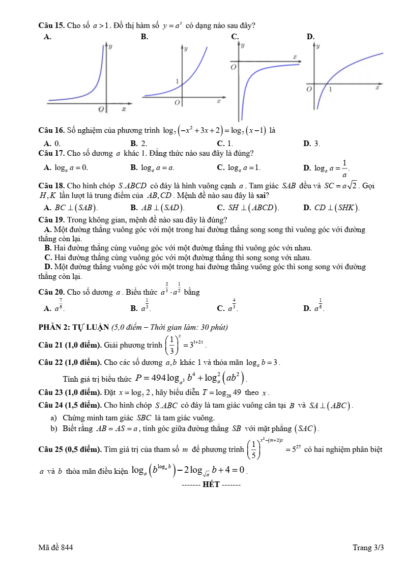 Đề thi Giữa kì 2 Toán 11 trường THPT Phan Đình Phùng (Hà Nội) năm 2024-2025