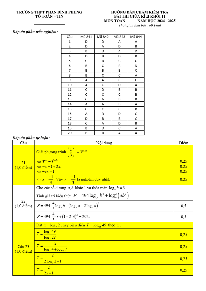 Đề thi Giữa kì 2 Toán 11 trường THPT Phan Đình Phùng (Hà Nội) năm 2024-2025