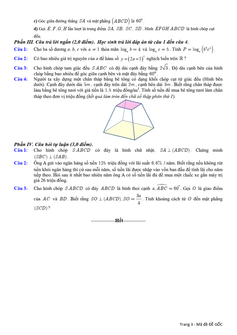 Đề thi Giữa kì 2 Toán 11 trường THPT Phù Cát 3 (Bình Định) năm 2024-2025