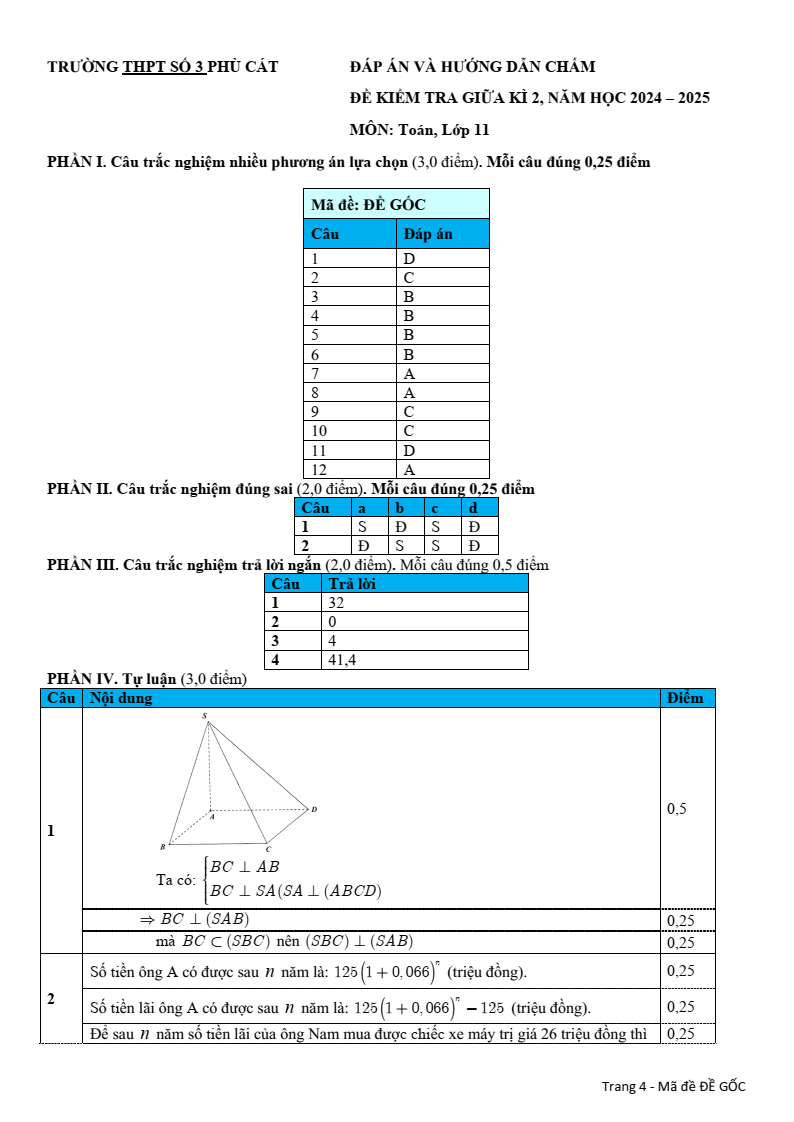 Đề thi Giữa kì 2 Toán 11 trường THPT Phù Cát 3 (Bình Định) năm 2024-2025