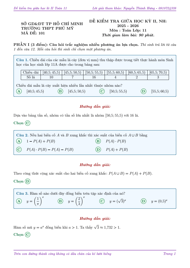 Đề thi Giữa kì 2 Toán 11 trường THPT Phú Mỹ (TP HCM) năm 2025-2026