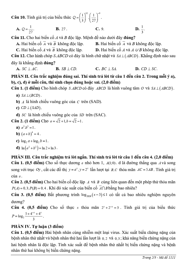 Đề thi Giữa kì 2 Toán 11 trường THPT Quảng Trị (Quảng Trị) năm 2025-2026