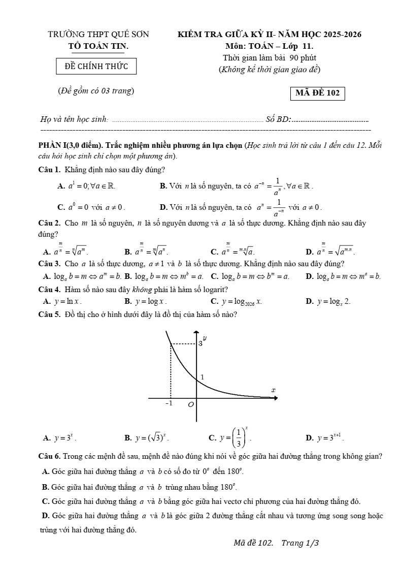 Đề thi Giữa kì 2 Toán 11 trường THPT Quế Sơn (Đà Nẵng) năm 2025-2026