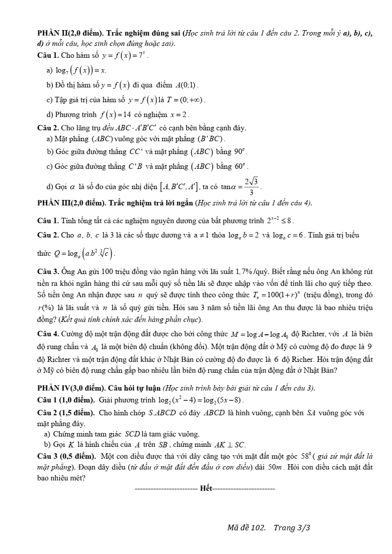Đề thi Giữa kì 2 Toán 11 trường THPT Quế Sơn (Đà Nẵng) năm 2025-2026