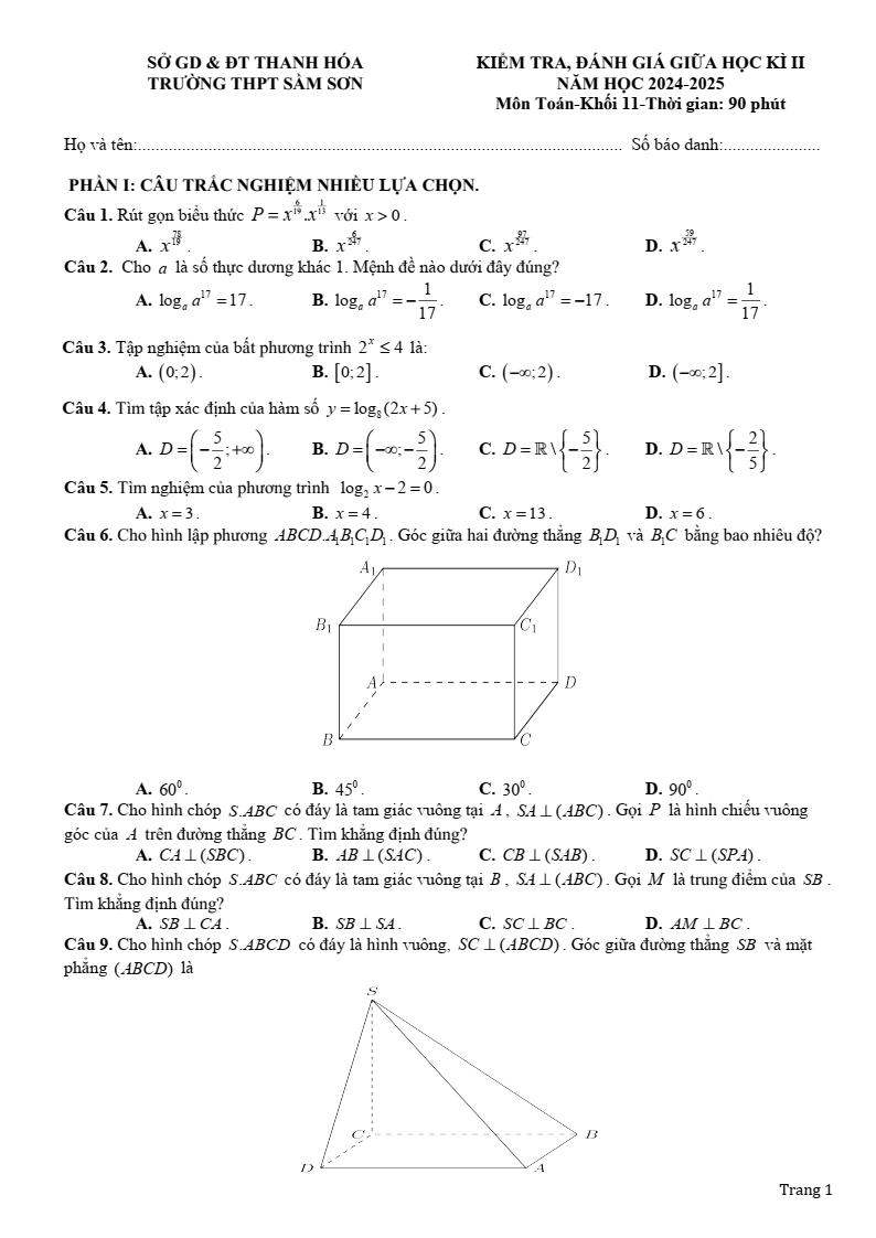 Đề thi Giữa kì 2 Toán 11 trường THPT Sầm Sơn (Thanh Hóa) năm 2024-2025