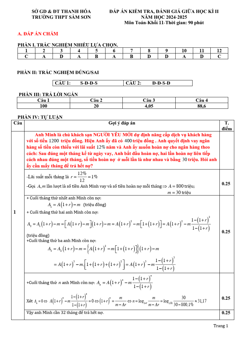 Đề thi Giữa kì 2 Toán 11 trường THPT Sầm Sơn (Thanh Hóa) năm 2024-2025