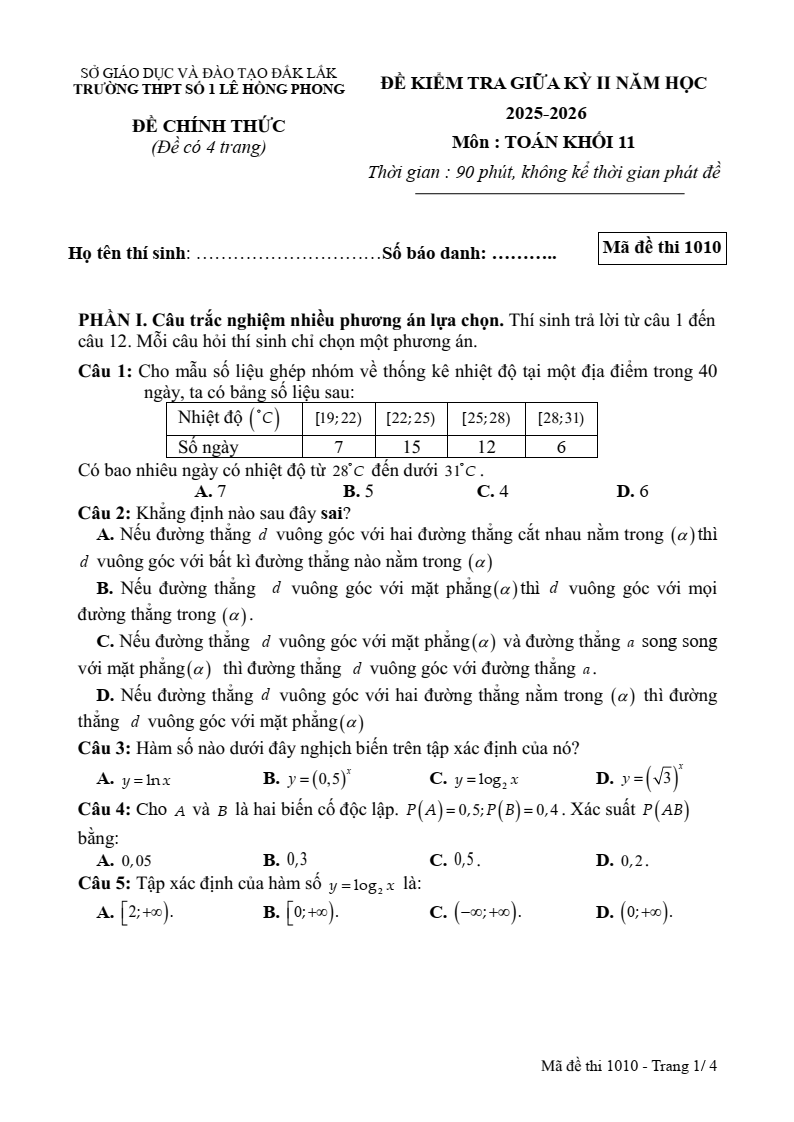 Đề thi Giữa kì 2 Toán 11 trường THPT Số 1 Lê Hồng Phong (Đắk Lắk) năm 2025-2026