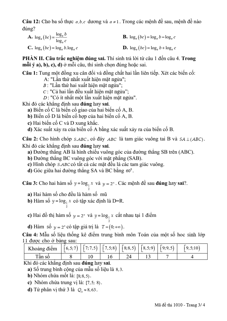 Đề thi Giữa kì 2 Toán 11 trường THPT Số 1 Lê Hồng Phong (Đắk Lắk) năm 2025-2026