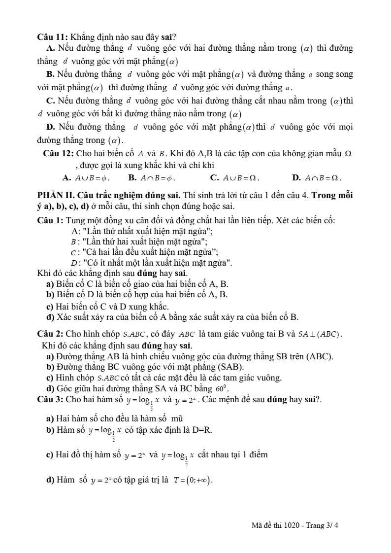 Đề thi Giữa kì 2 Toán 11 trường THPT Số 1 Lê Hồng Phong (Đắk Lắk) năm 2025-2026