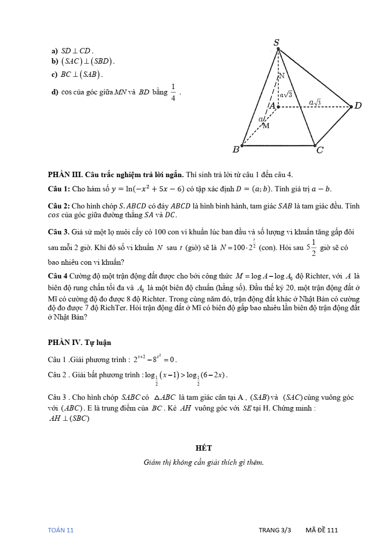 Đề thi Giữa kì 2 Toán 11 trường THPT Ten Lơ Man (Tp.HCM) năm 2024-2025