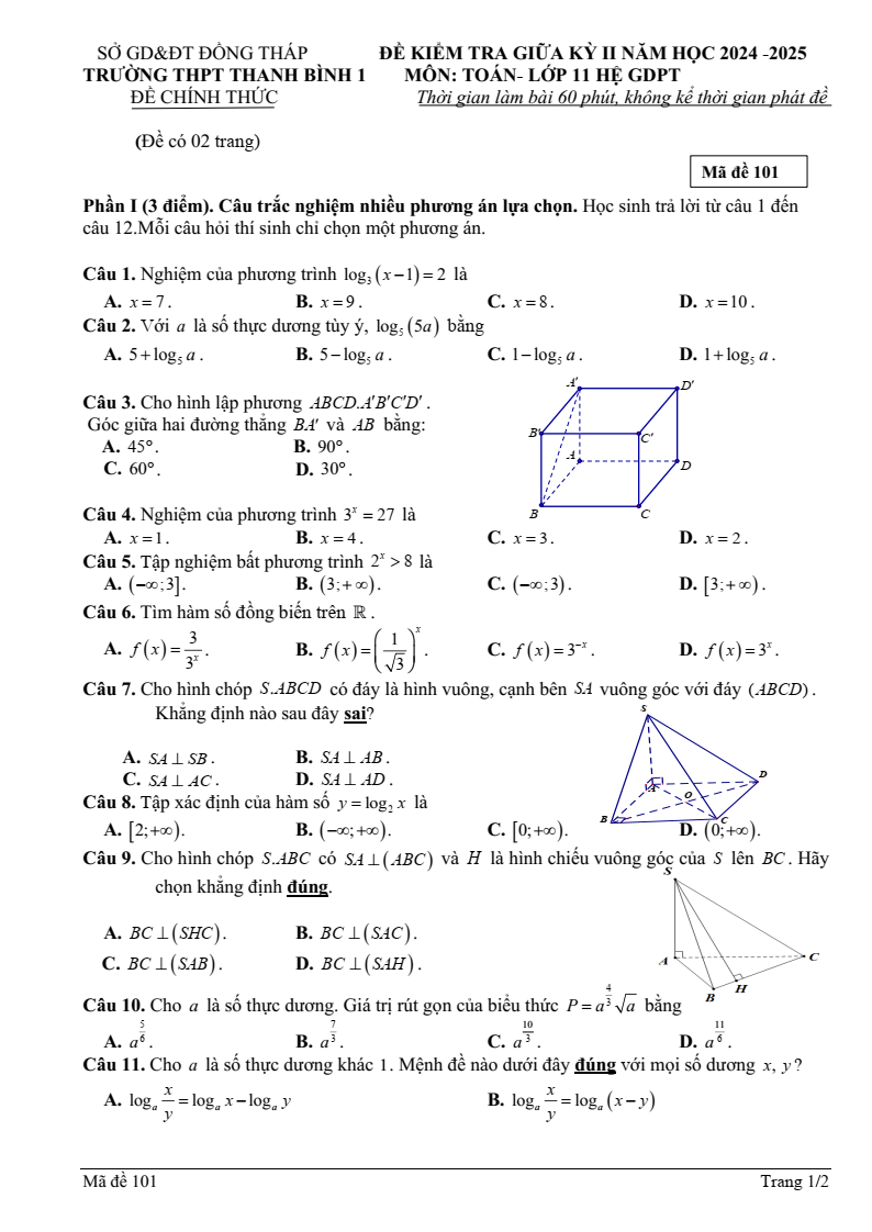 Đề thi Giữa kì 2 Toán 11 trường THPT Thanh Bình 1 (Đồng Tháp) năm 2024-2025