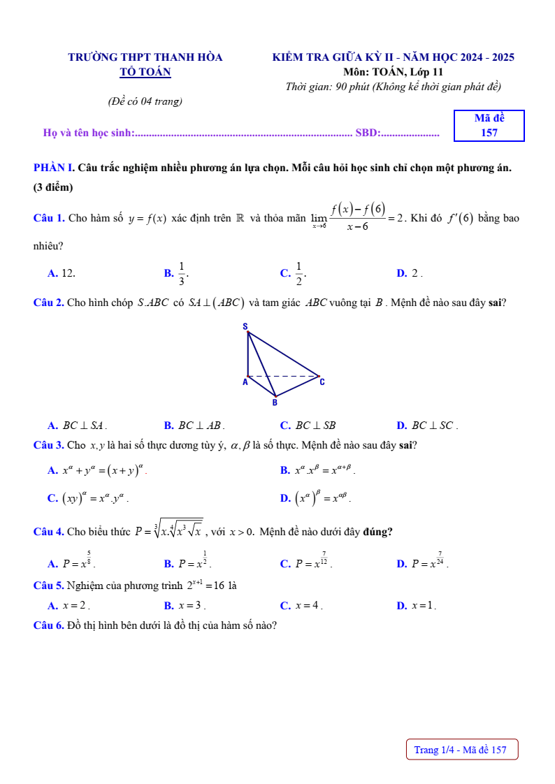 Đề thi Giữa kì 2 Toán 11 trường THPT Thanh Hòa (Bình Phước) năm 2024-2025