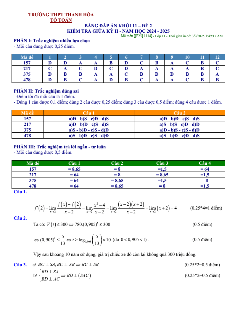 Đề thi Giữa kì 2 Toán 11 trường THPT Thanh Hòa (Bình Phước) năm 2024-2025