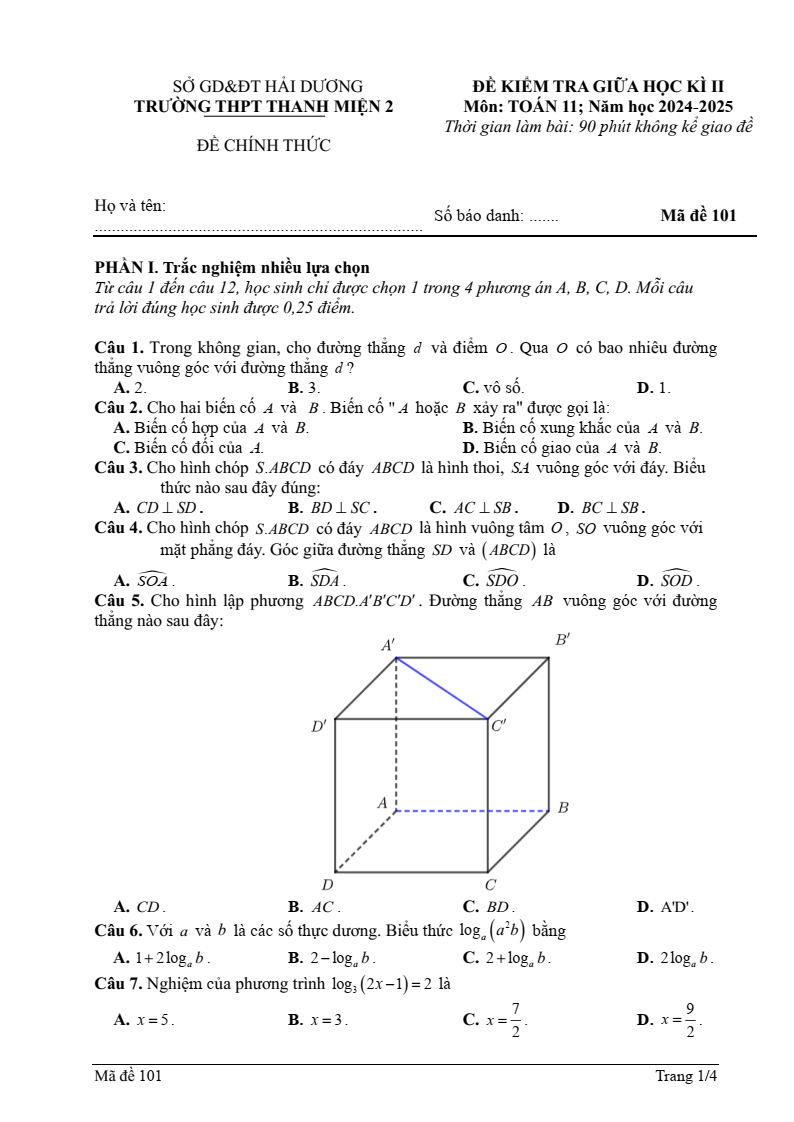 Đề thi Giữa kì 2 Toán 11 trường THPT Thanh Miện 2 (Hải Dương) năm 2024-2025