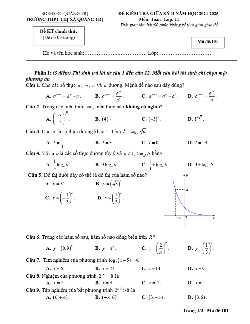 Đề thi Giữa kì 2 Toán 11 trường THPT Thị xã Quảng Trị năm 2024-2025