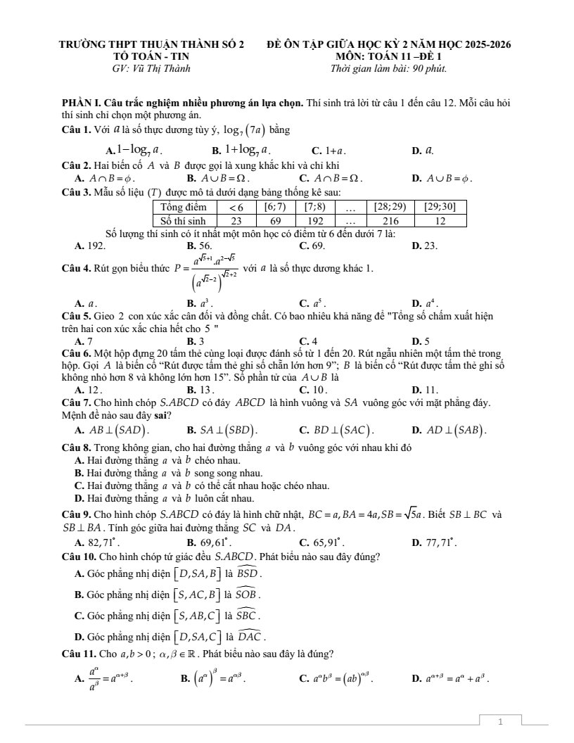 Đề thi Giữa kì 2 Toán 11 trường THPT Thuận Thành Số 2 (Bắc Ninh) năm 2025-2026