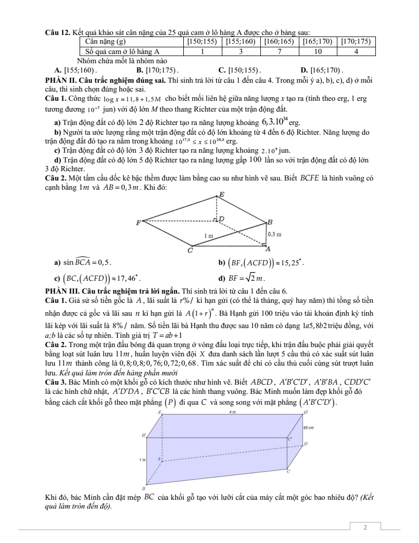 Đề thi Giữa kì 2 Toán 11 trường THPT Thuận Thành Số 2 (Bắc Ninh) năm 2025-2026
