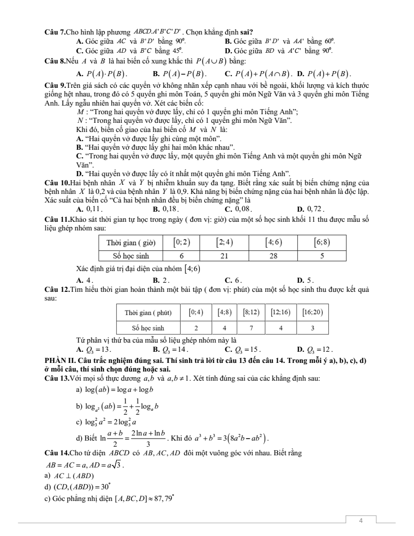 Đề thi Giữa kì 2 Toán 11 trường THPT Thuận Thành Số 2 (Bắc Ninh) năm 2025-2026