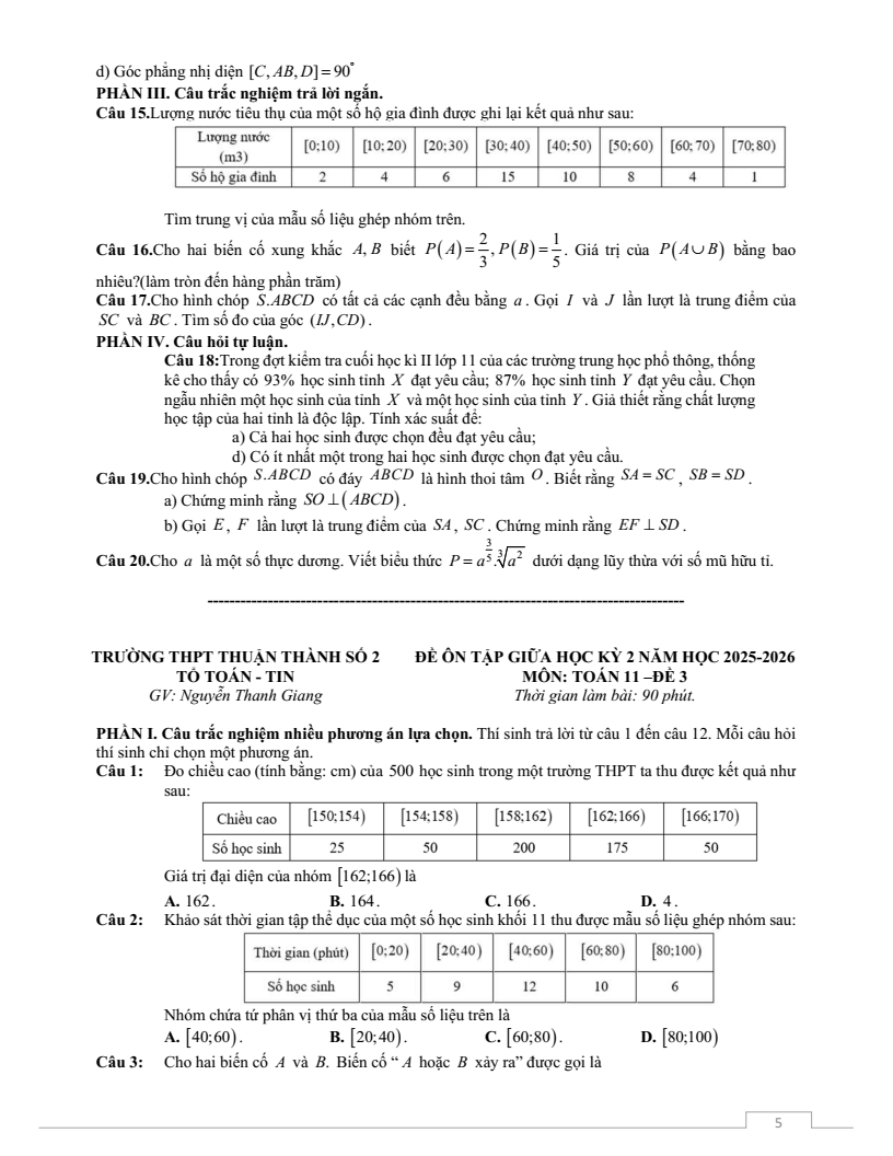 Đề thi Giữa kì 2 Toán 11 trường THPT Thuận Thành Số 2 (Bắc Ninh) năm 2025-2026