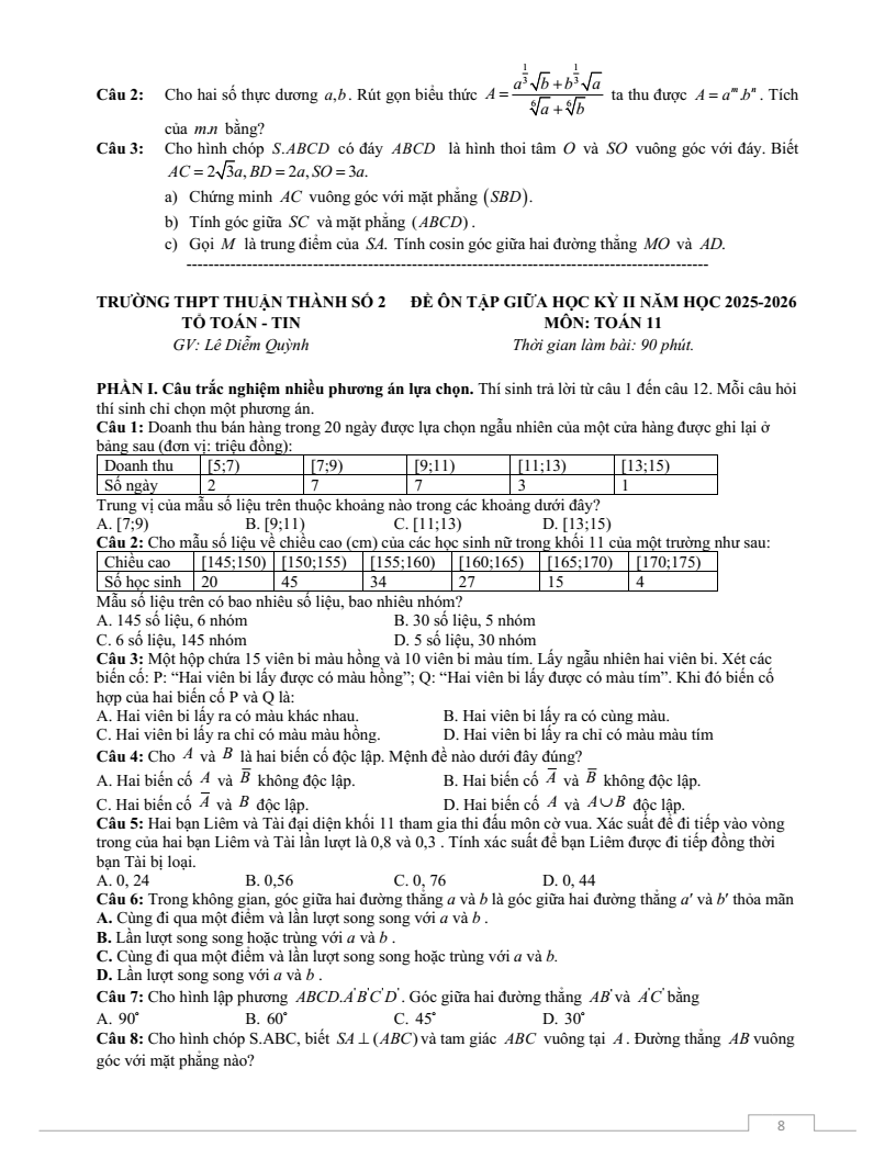 Đề thi Giữa kì 2 Toán 11 trường THPT Thuận Thành Số 2 (Bắc Ninh) năm 2025-2026