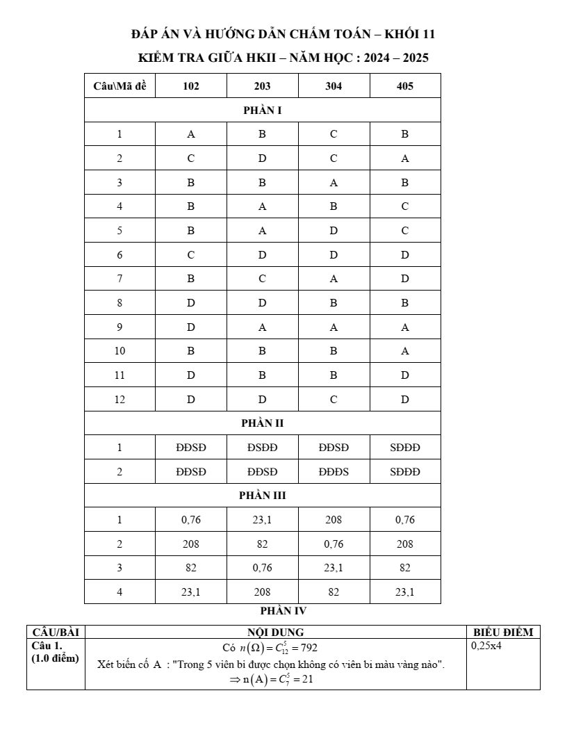 Đề thi Giữa kì 2 Toán 11 trường THPT Trần Quang Khải (Bà Rịa - Vũng Tàu) năm 2024-2025