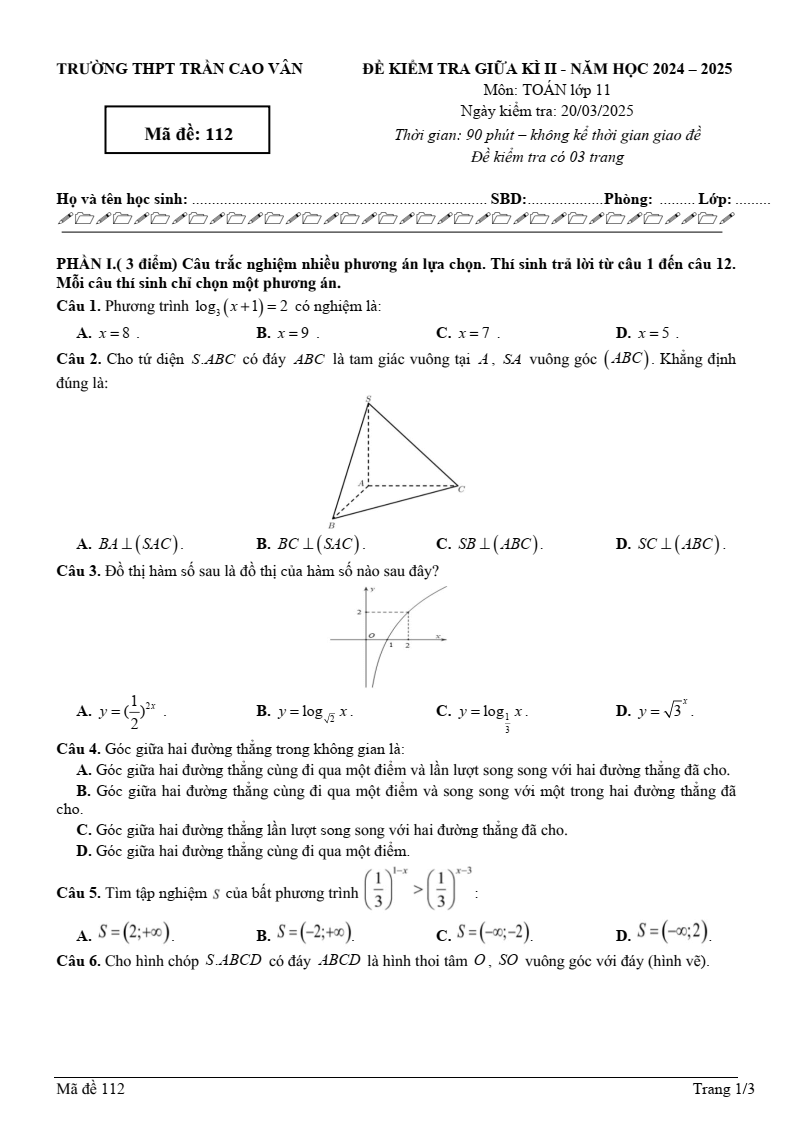 Đề thi Giữa kì 2 Toán 11 trường THPT Trần Cao Vân (Khánh Hòa) năm 2024-2025