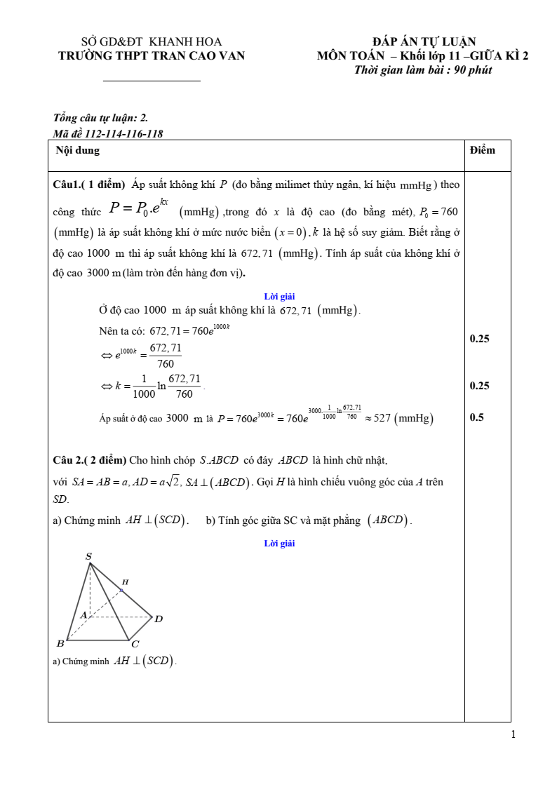 Đề thi Giữa kì 2 Toán 11 trường THPT Trần Cao Vân (Khánh Hòa) năm 2024-2025
