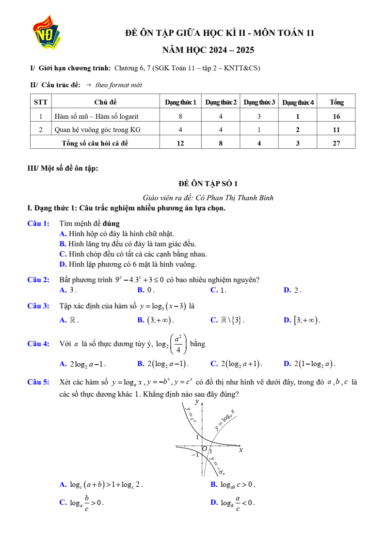 Đề thi Giữa kì 2 Toán 11 trường THPT Việt Đức (Hà Nội) năm 2024-2025