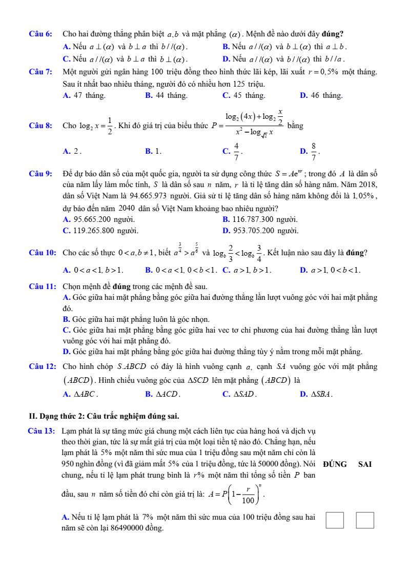 Đề thi Giữa kì 2 Toán 11 trường THPT Việt Đức (Hà Nội) năm 2024-2025