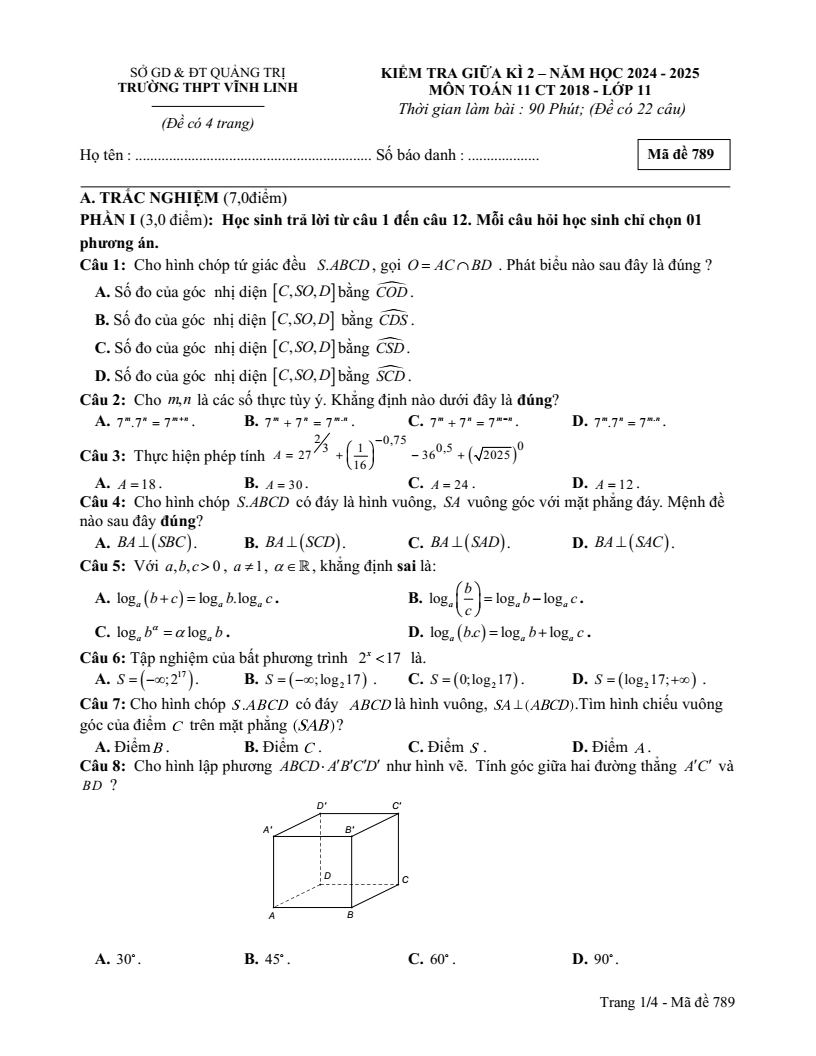 Đề thi Giữa kì 2 Toán 11 trường THPT Vĩnh Linh (Quảng Trị) năm 2024-2025