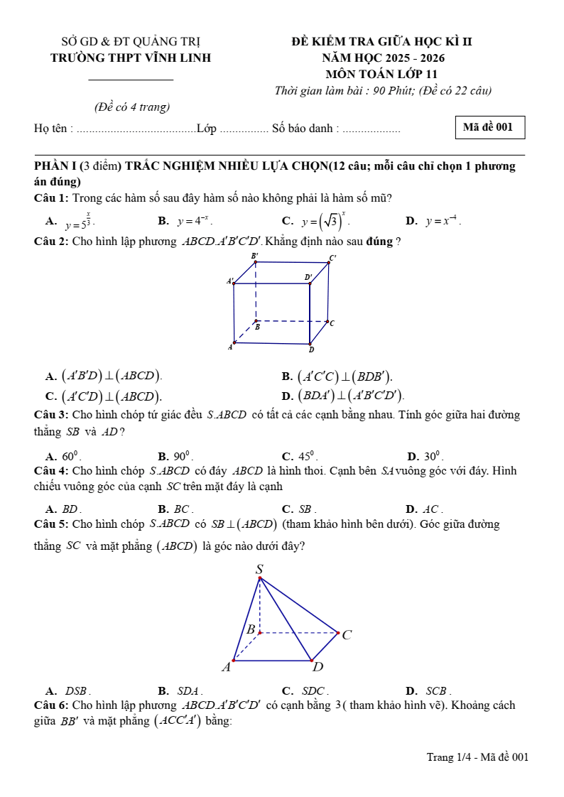 Đề thi Giữa kì 2 Toán 11 trường THPT Vĩnh Linh (Quảng Trị) năm 2025-2026