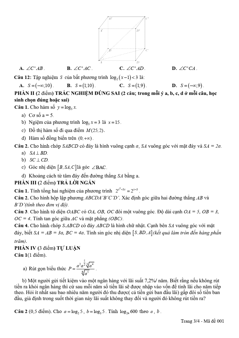 Đề thi Giữa kì 2 Toán 11 trường THPT Vĩnh Linh (Quảng Trị) năm 2025-2026