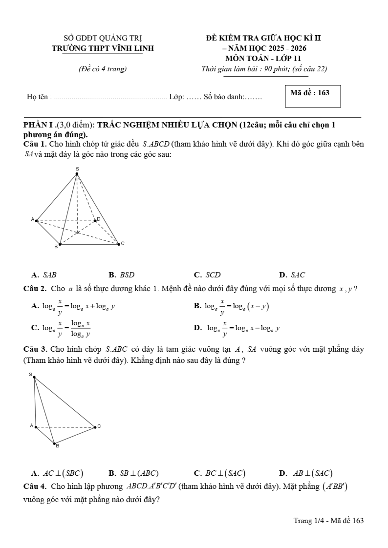 Đề thi Giữa kì 2 Toán 11 trường THPT Vĩnh Linh (Quảng Trị) năm 2025-2026