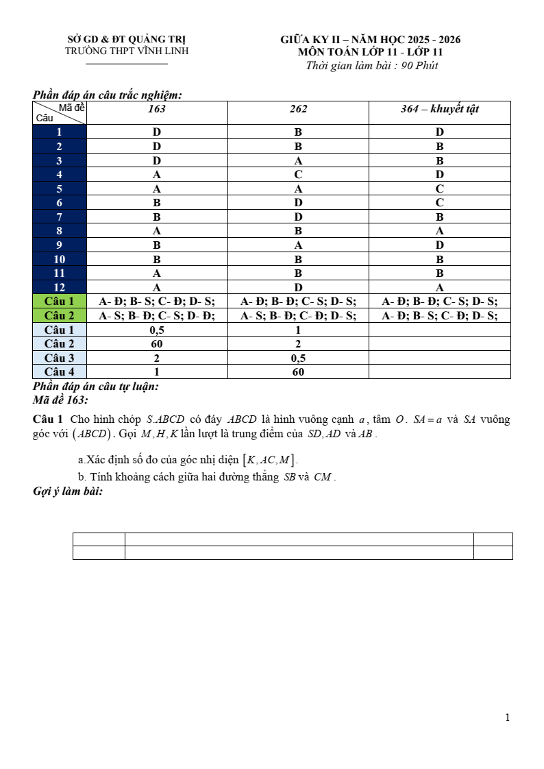 Đề thi Giữa kì 2 Toán 11 trường THPT Vĩnh Linh (Quảng Trị) năm 2025-2026