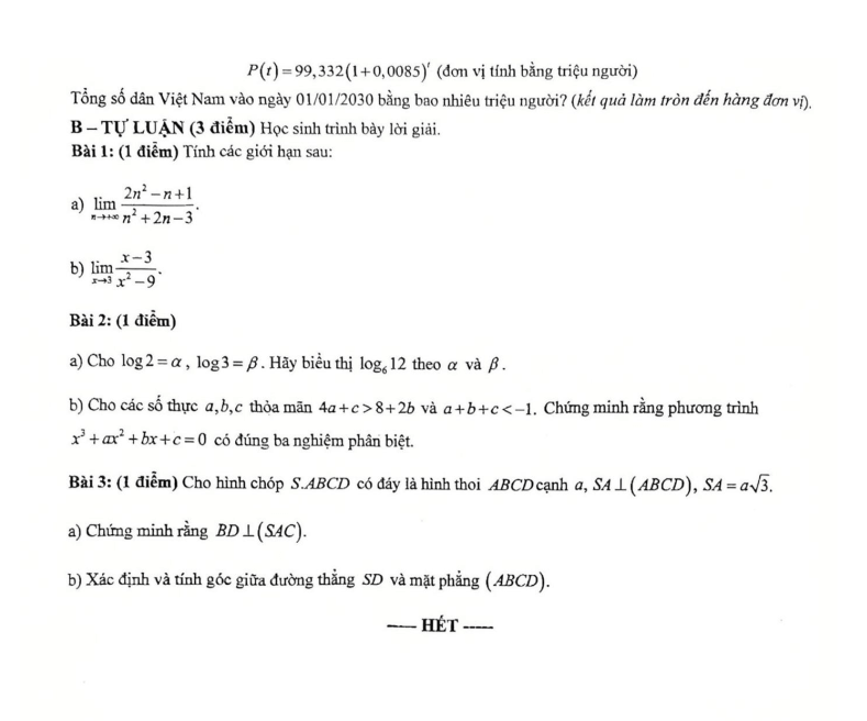 Đề thi Giữa kì 2 Toán 11 trường THPT Yên Hòa (Hà Nội) năm 2025-2026