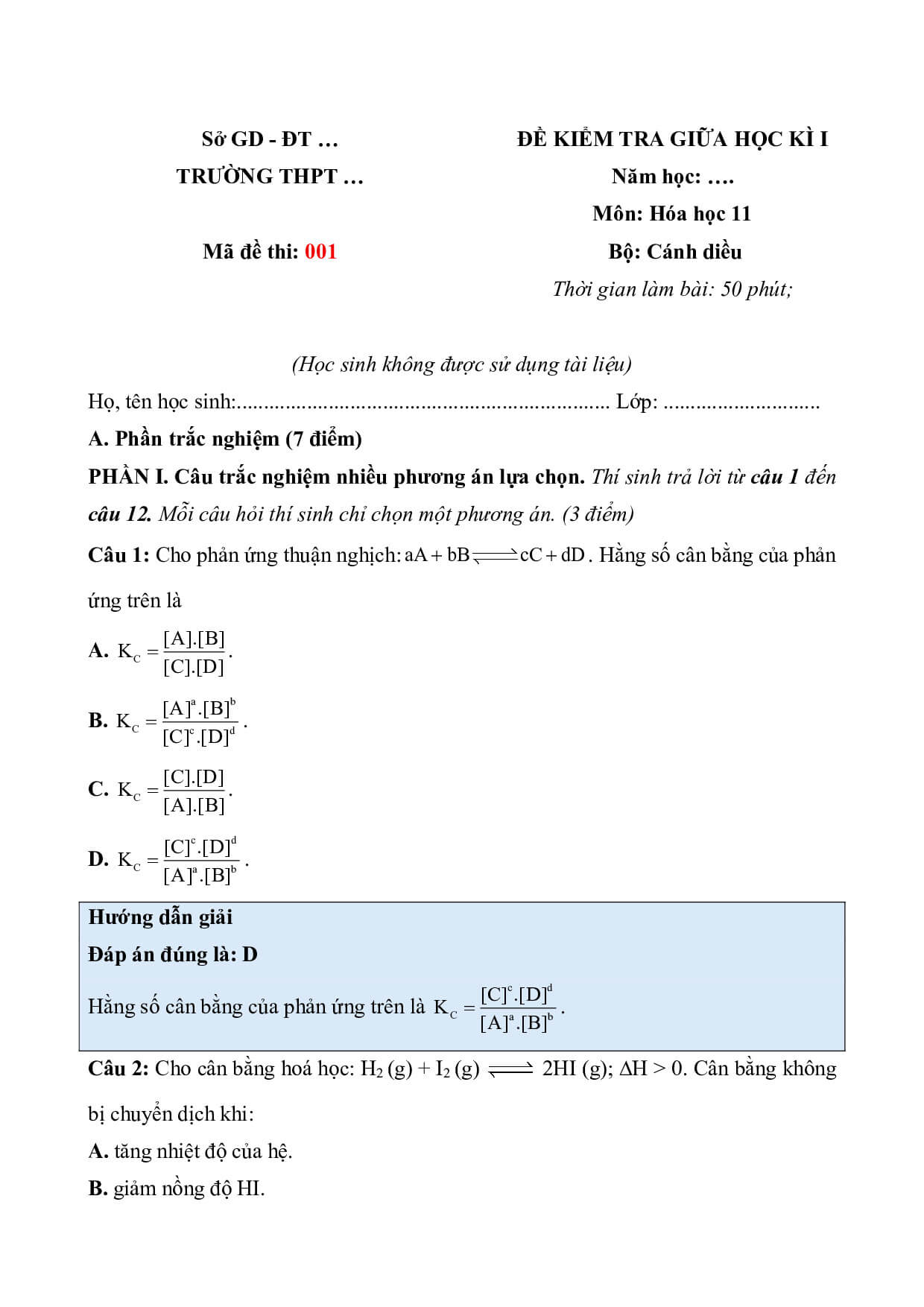 8 Đề thi Giữa kì 1 Hoá học 11 Cánh diều (có đáp án, cấu trúc mới)