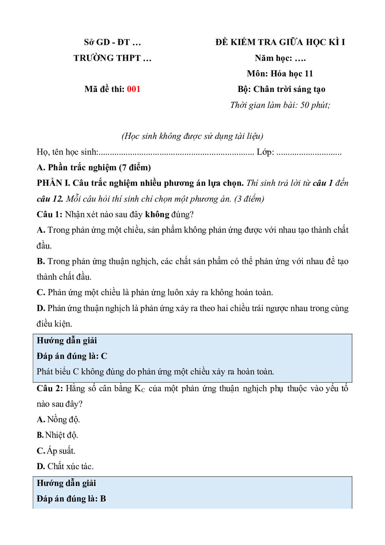 8 Đề thi Giữa kì 1 Hoá học 11 Chân trời sáng tạo (có đáp án, cấu trúc mới)