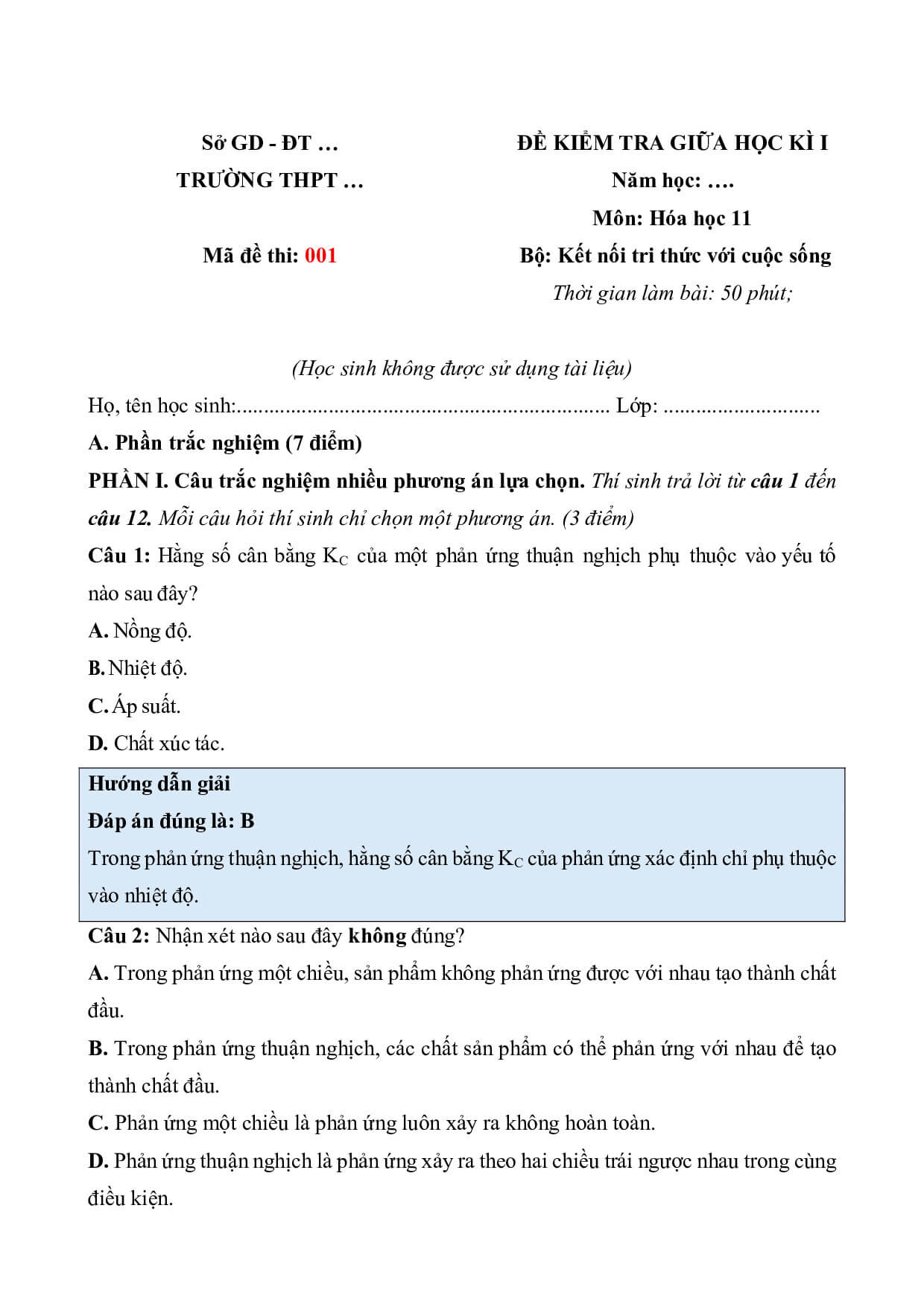 8 Đề thi Giữa kì 1 Hoá học 11 Kết nối tri thức (có đáp án, cấu trúc mới)