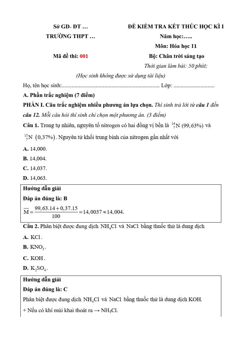 3 Đề thi Học kì 1 Hoá học 11 Chân trời sáng tạo (có đáp án, cấu trúc mới)