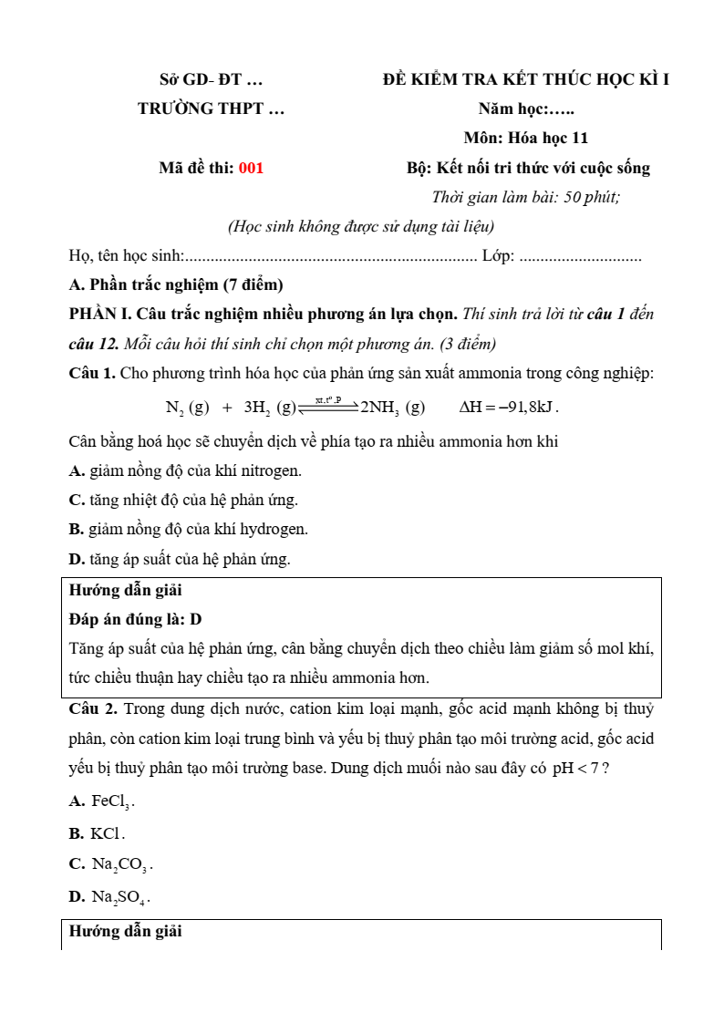3 Đề thi Học kì 1 Hoá học 11 Kết nối tri thức (có đáp án, cấu trúc mới)