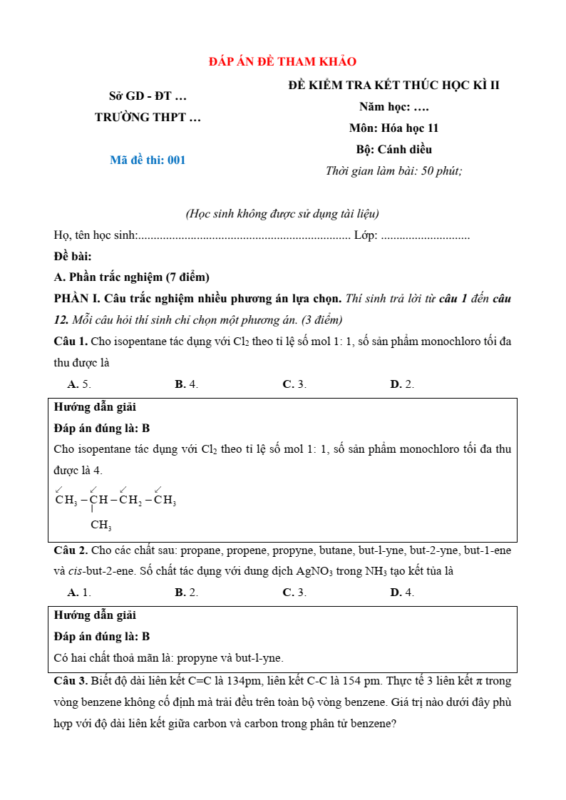 77+ Đề thi Học kì 2 Hoá học 11 Cánh diều (cấu trúc mới, có đáp án)