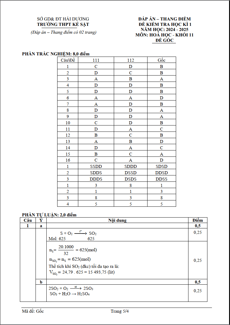 Đề thi Học kì 1 Hóa học 11 năm 2024-2025 trường THPT Kẻ Sặt (Hải Dương)