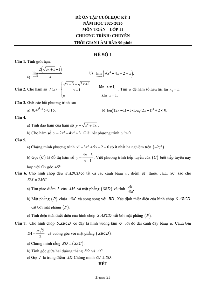 Đề thi Học kì 1 Toán 11 trường chuyên Lương Văn Chánh năm 2025-2026