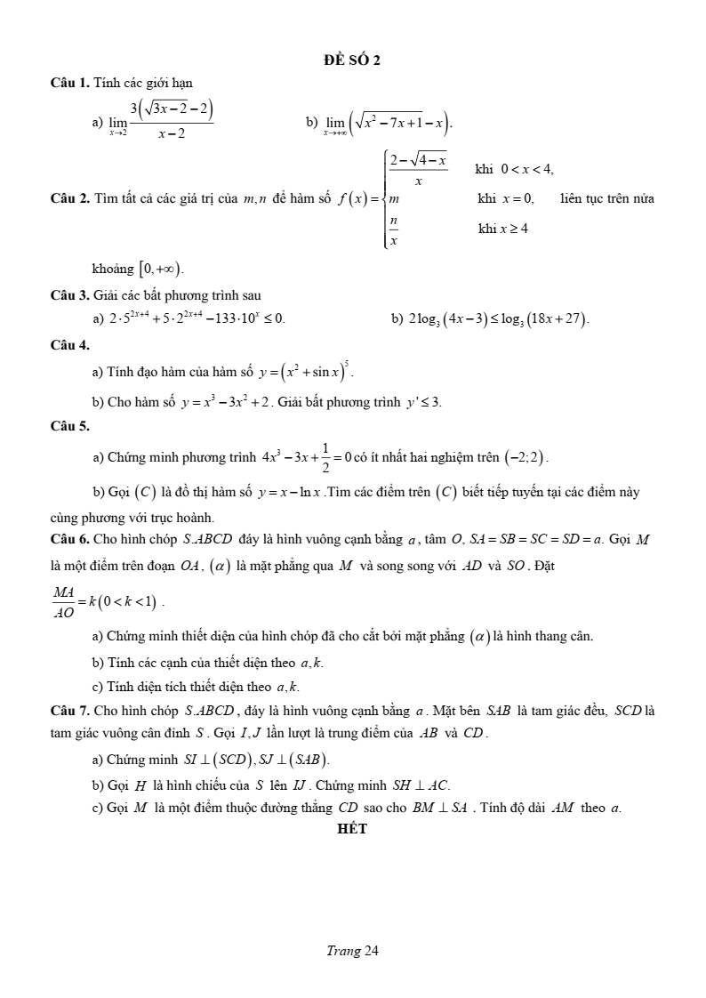 Đề thi Học kì 1 Toán 11 trường chuyên Lương Văn Chánh năm 2025-2026