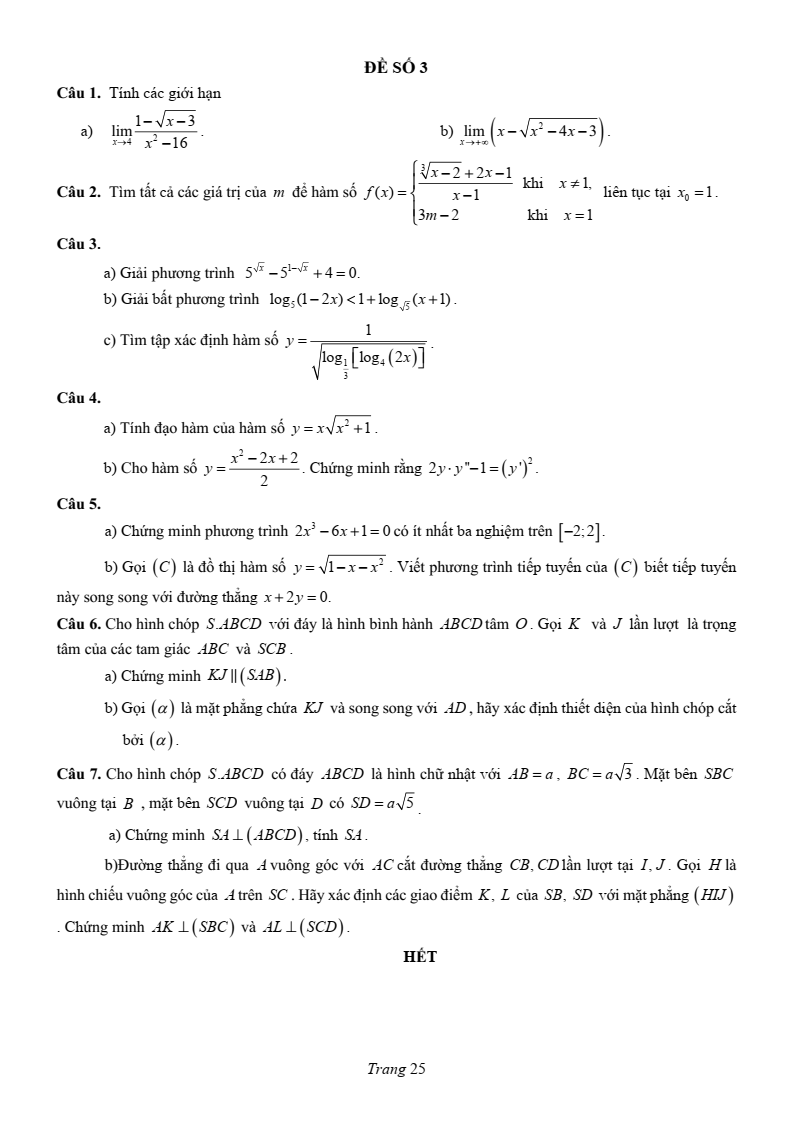Đề thi Học kì 1 Toán 11 trường chuyên Lương Văn Chánh năm 2025-2026