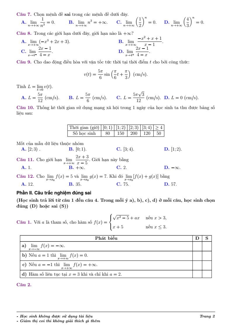 Đề thi Học kì 1 Toán 11 trường Lương Thế Vinh năm 2025-2026