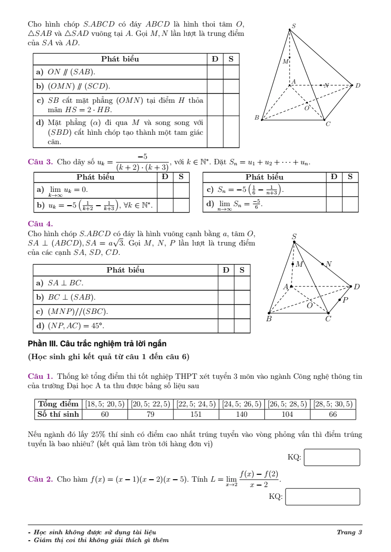 Đề thi Học kì 1 Toán 11 trường Lương Thế Vinh năm 2025-2026